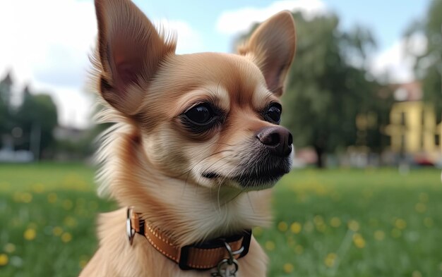 Chihuahua sitzt auf dem Gras im Park.