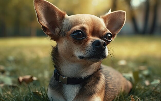 Chihuahua sitzt auf dem Gras im Park.