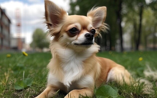 Chihuahua sitzt auf dem Gras im Park.