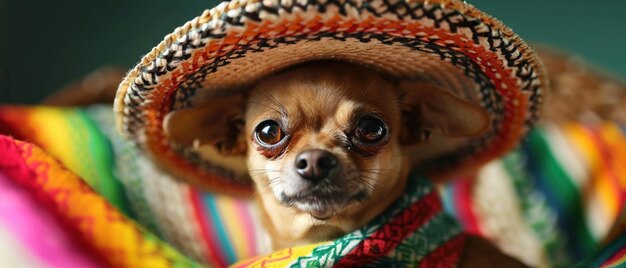 Foto chihuahua en sombrero tejido en serape