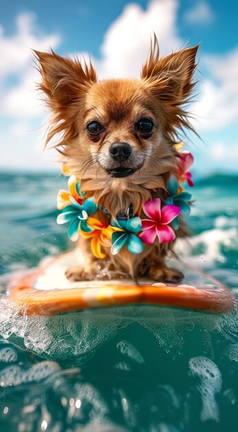 Chihuahua Surfing Adventure Cão adorável nas ondas do oceano