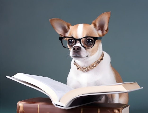 Chihuahua-Welpe mit Brille und aufgeschlagenem Buch