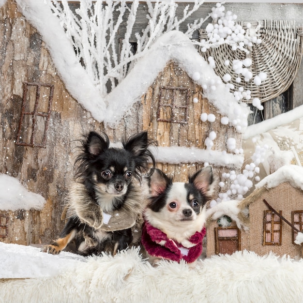 Chihuahuas frente a un escenario navideño