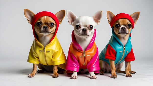 Foto chihuahuas con trajes coloridos alineados irradiando personalidad y moda pensando hacia adelante ai generativo