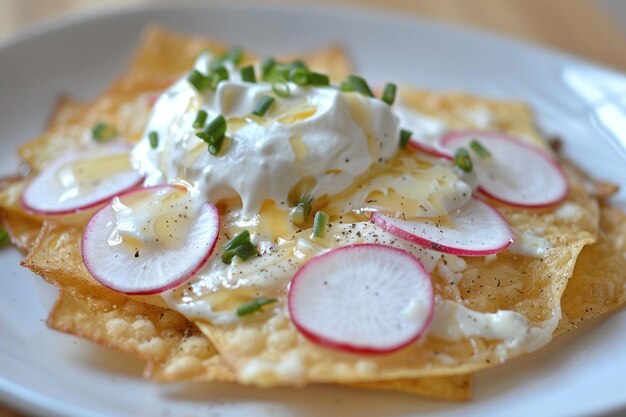 Chilaquiles cobertos de rabanetes em fatias