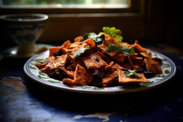 Foto chilaquiles com chorizo e azeitonas pretas picante milho de rua mexicano fotografia de imagem