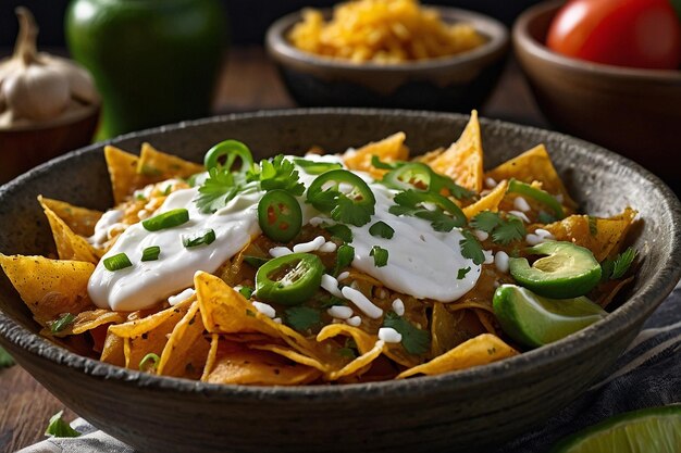 Foto chilaquiles mexicano salsa verde en el tazón de arroz