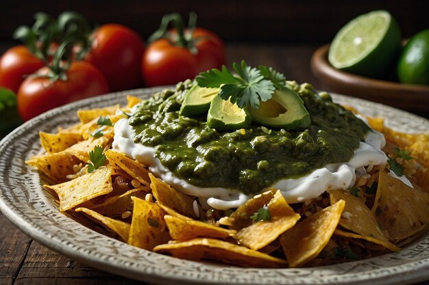 Foto chilaquiles mexicano salsa verde en el tazón de arroz