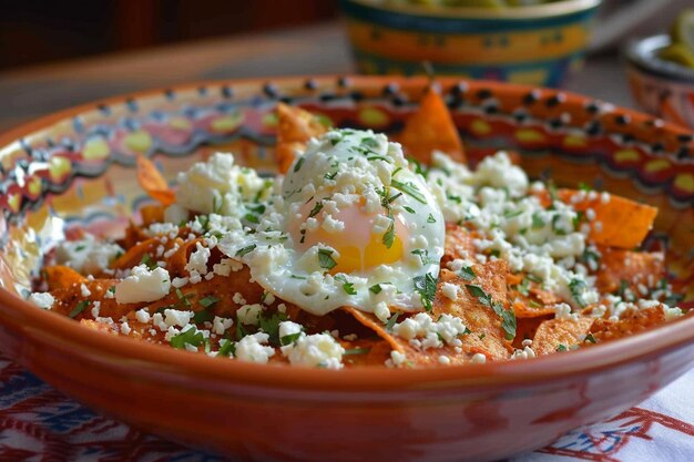 Chilaquiles mexicanos com ovos de queijo e jalapeno