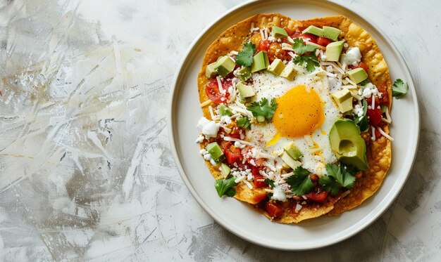 Chilaquiles nachos mexicanos con salsa de tomate, pollo y huevo en primer plano en un plato plano con espacio para copiar