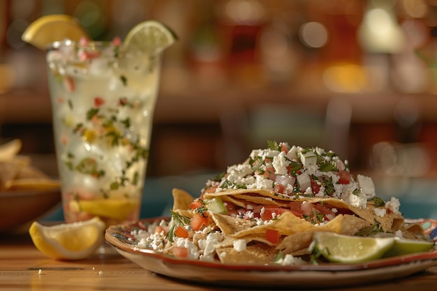 Chilaquiles servidos con un refrescante agua fresca en el lado