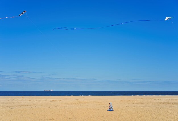 Child and Paper Kites acima da costa do Oceano Atlântico em Sandy Hook com vista para Nova York. Sandy Hook está em Nova Jersey, EUA.