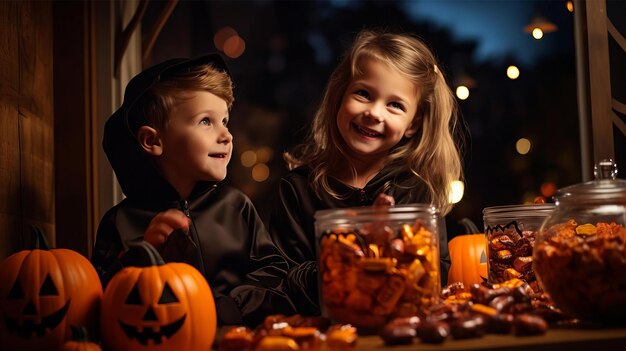 Foto childern celebró halloween con muchas calabazas y dulces.