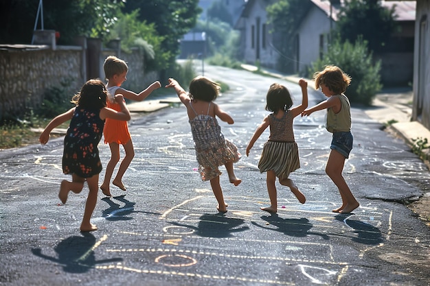 Foto children playing in the street in the 1960s and 1970s chalk drawn games on the road neighborhood gam