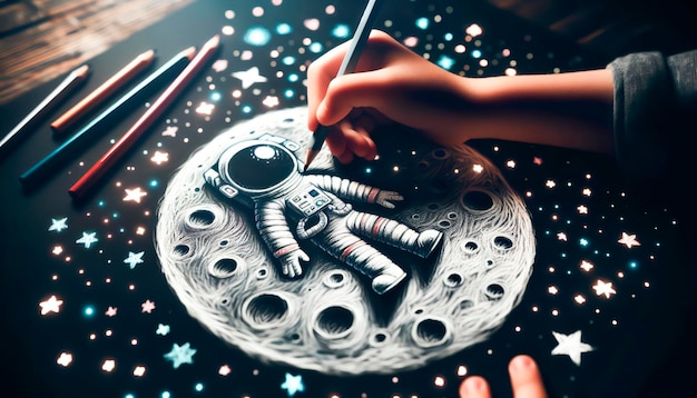 Childs dibuja a mano un dibujo de un astronauta en un traje espacial en la superficie de las estrellas de la Luna en el espacio