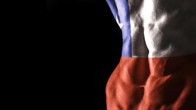 Chile-Flagge auf Bauchmuskeln Nationalsporttraining, Bodybuilding-Konzept, schwarzer Hintergrund