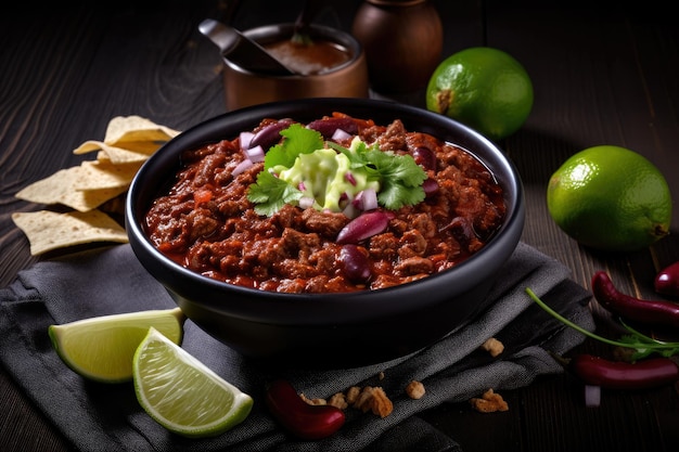 Chile picante con carne con un toque de lima y cebollas rojas picadas