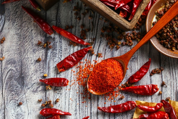 Chile en polvo en una cuchara de madera y pimiento seco en la mesa de madera gris