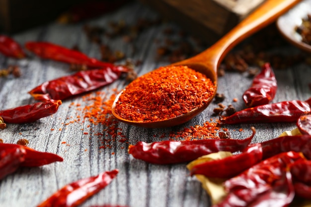 Foto chile en polvo en una cuchara de madera y pimiento seco en la mesa de madera gris