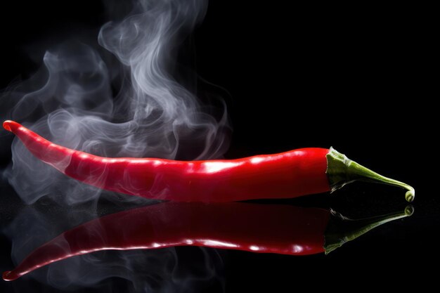 Chile rojo caliente fumando sobre un fondo negro