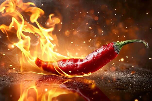 Un chile rojo caliente en llamas que quema la comida picante de chile caliente
