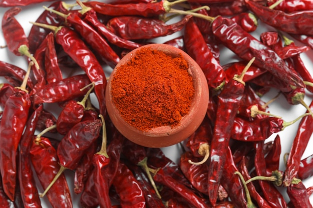 Chile rojo en polvo con chiles rojos secos