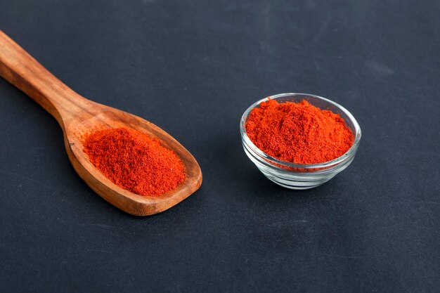 Chile rojo seco y polvo en un recipiente de vidrio y una cuchara de madera sobre una superficie oscura