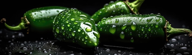 Chiles jalapeños con gotitas de pie sobre fondo negro IA generativa panorámica amplia