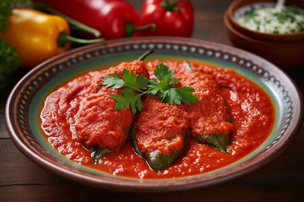 Chiles Rellenos clásicos con salsa de tomate picante