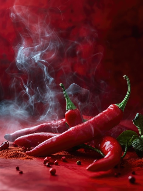 Foto chiles rojos con fondo rojo