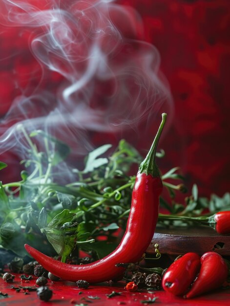 Foto chiles rojos con fondo rojo