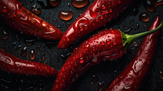 Chiles rojos con gotas de agua sobre un fondo negro