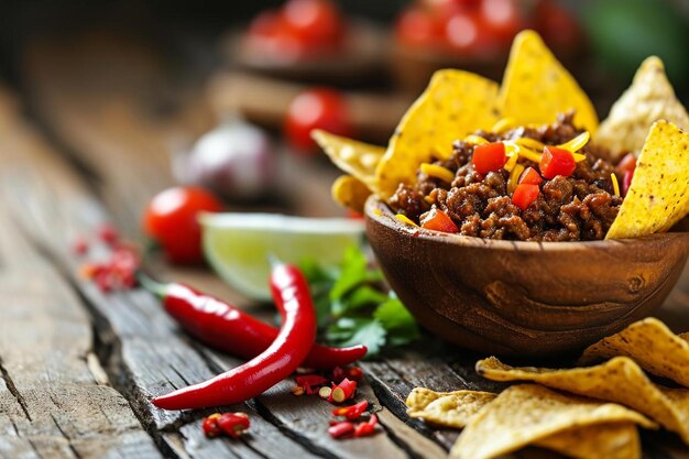 Foto chili con carne com batatas fritas de nachos