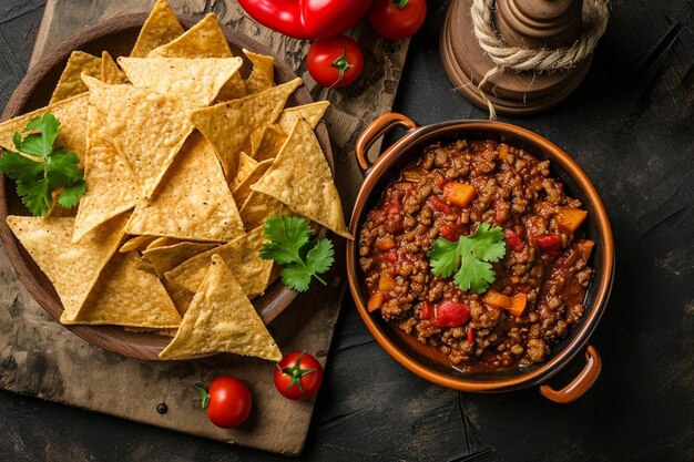 Foto chili con carne em tigela com tortilla chips em fundo escuro cozinha mexicana foco seletivo