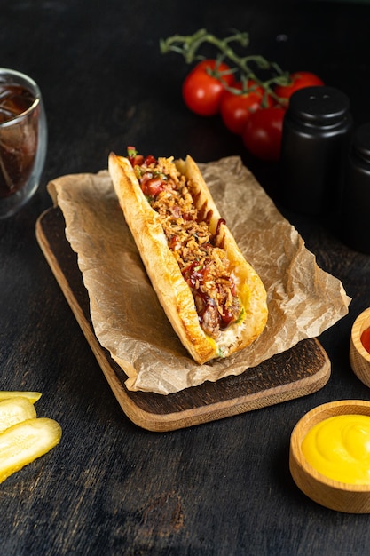 Chili Con Carne Hot Dog em fundo escuro de madeira
