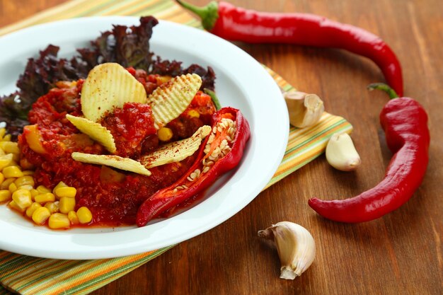 Foto chili corn carne comida tradicional mexicana em prato branco em guardanapo em fundo de madeira