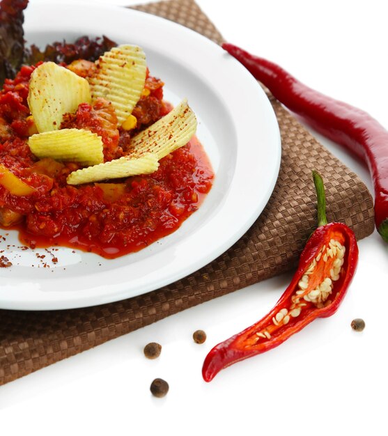 Chili Corn Carne comida tradicional mexicana em tigela de madeira em guardanapo isolado em branco