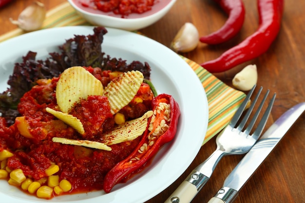 Chili Corn Carne comida tradicional mexicana en un plato blanco en una servilleta sobre fondo de madera