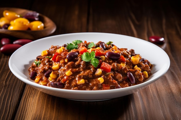 Chili corn carne comida tradicional mexicana en un plato blanco en una servilleta sobre un fondo de madera