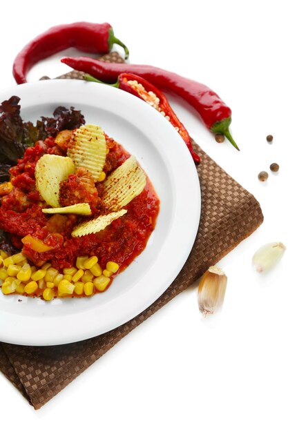 Chili Corn Carne tradicional comida mexicana na chapa branca no guardanapo isolado no branco