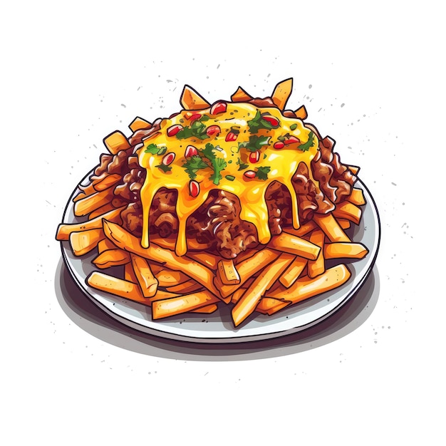 Chili-Käse-Pommes auf weißem Hintergrund, Logo, generative KI