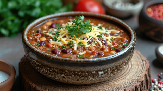 Chili mexicano picante Descanse uma taça cheia de chili mexicano picente com feijão, carne de vaca, queijo, cilantro em uma cozinha rústica, ambiente caseiro