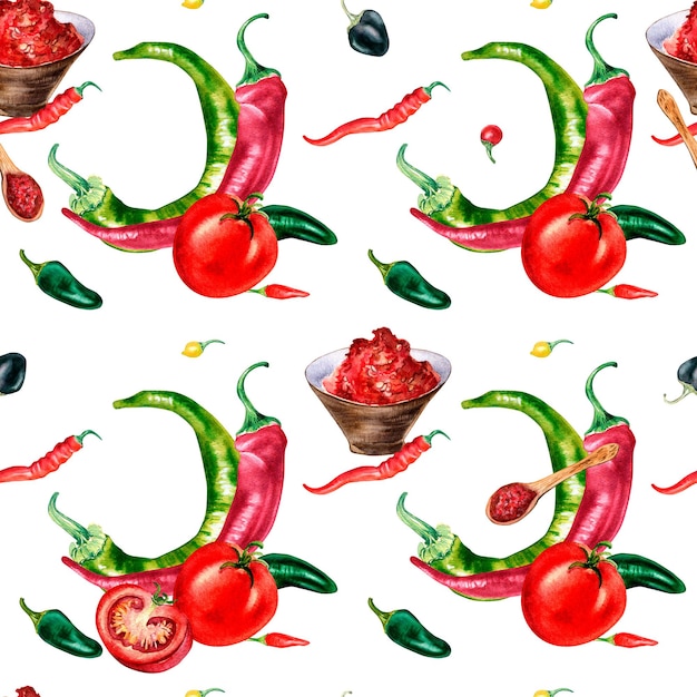 Chili Peperoni und Tomaten Aquarell Musterdesign isoliert auf weiss