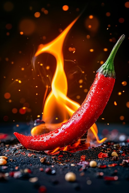 Chili pepper está sentado en un montón de ceniza con fuego y humo en el fondo