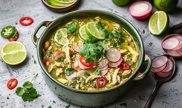 Chili de pollo verde con guarniciones