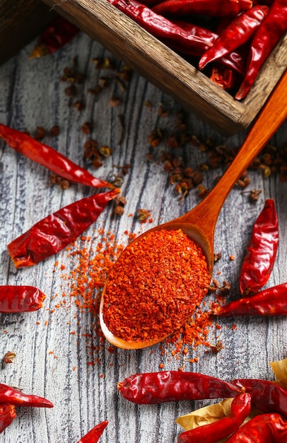 Chilipulver in holzlöffel und trockener pfeffer auf grauem holztisch