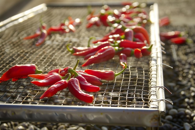 Chilischoten, die in der Sonne auf einem Netzregal trocknen