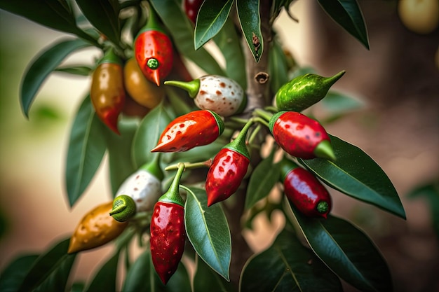 Chilischoten in Nahaufnahme auf einem Gartenbaum in Rot