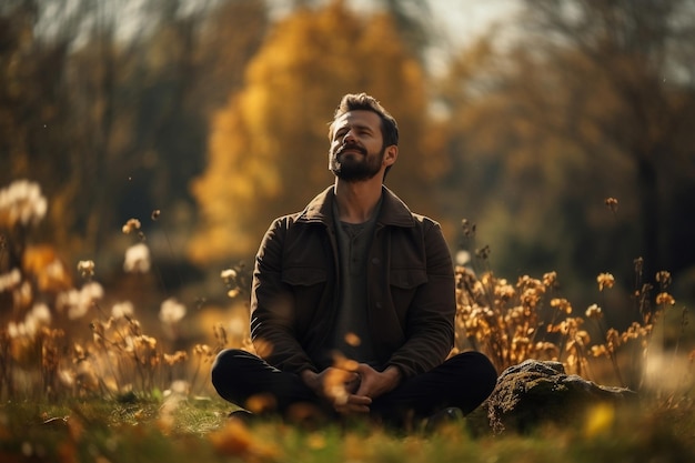 Chill Dude relajándose al aire libre abrazando la IA generativa de respiración profunda