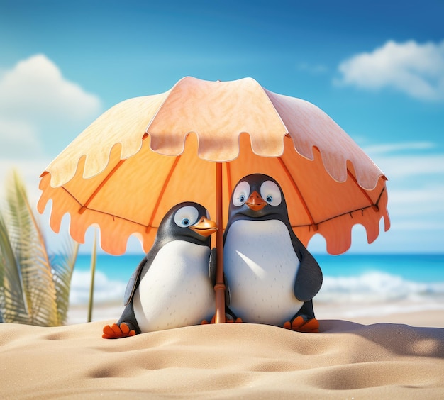 Chill Out Pingüinos relajándose bajo un paraguas de playa IA generativa